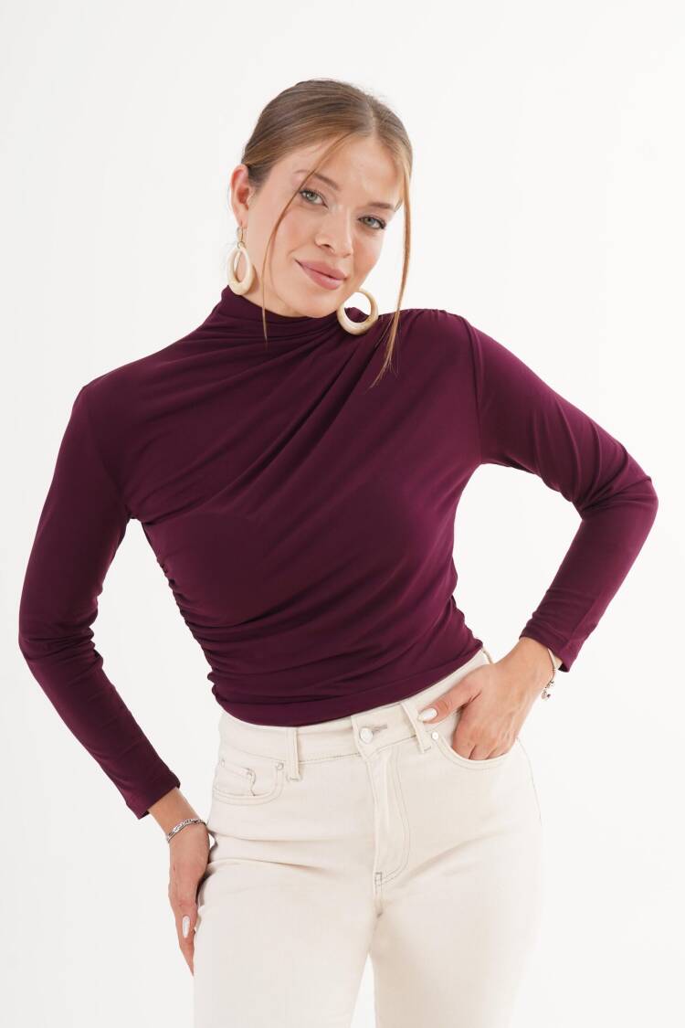 Claret Red Blouse - Elegant Slim Fit High Neck Long Sleeve
