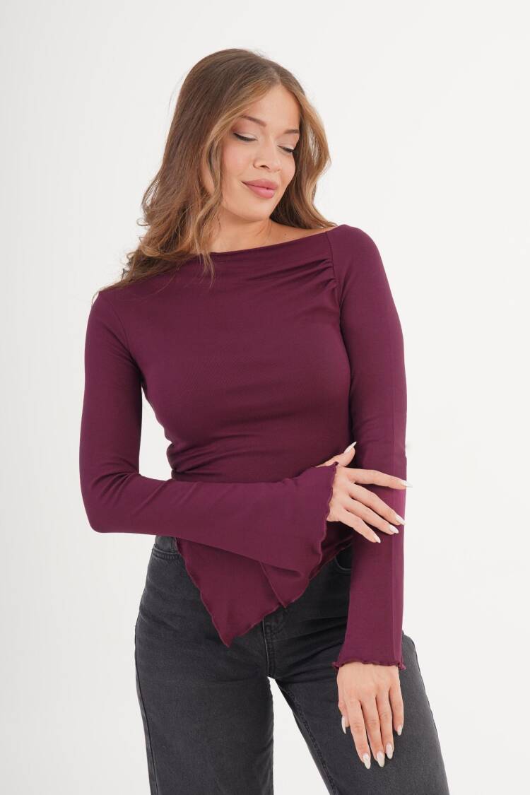 Claret Red Blouse With Bell Sleeves And Boat Neck - Brand: Lustrin - Women & Kids, Baby Clothes Wholesale - Globality Store