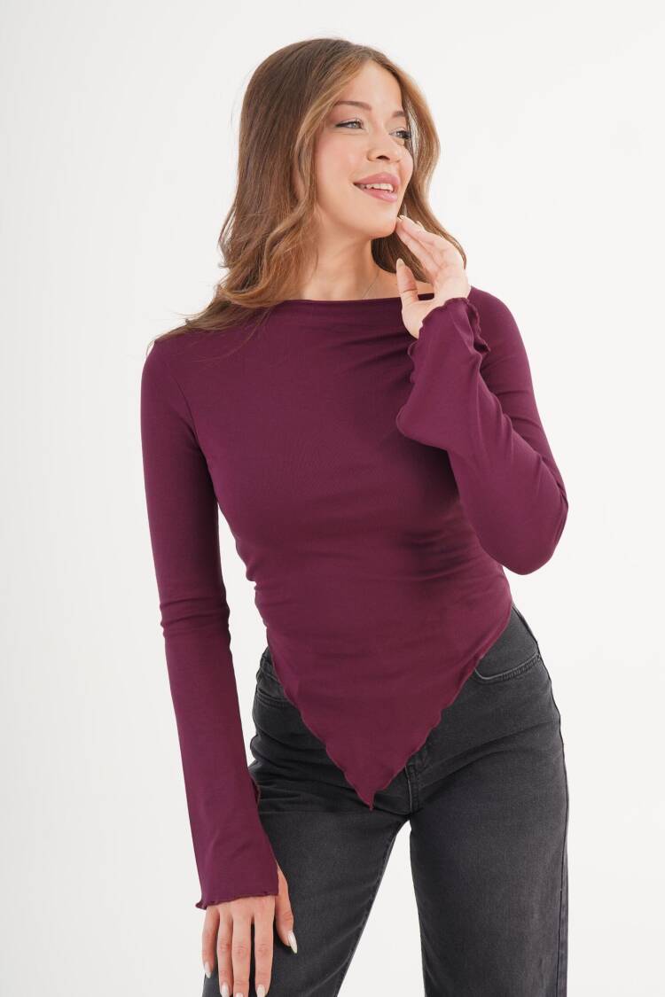 Claret Red Blouse With Bell Sleeves And Boat Neck