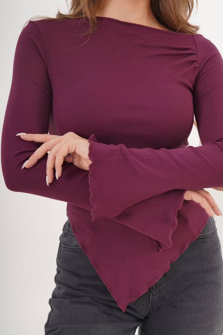Claret Red Blouse With Bell Sleeves And Boat Neck