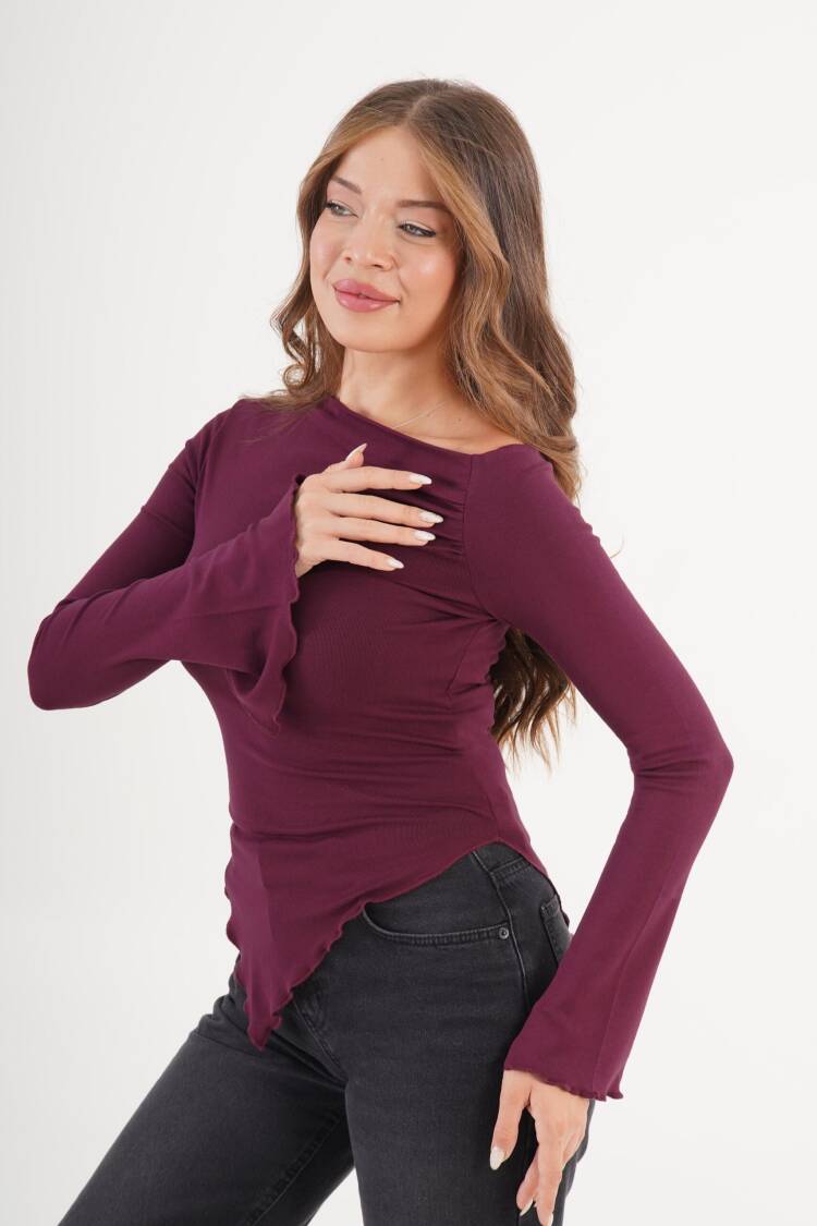 Claret Red Blouse With Bell Sleeves And Boat Neck
