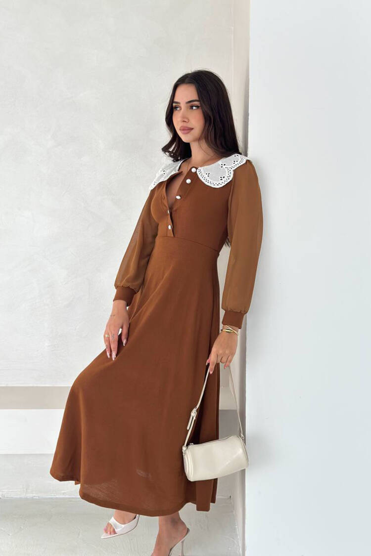 Brown Elegant A-Line Midi Dress With Long Sleeves