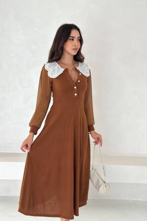 Brown Elegant A-Line Midi Dress With Long Sleeves - Brand: Mode Roy - Women & Kids, Baby Clothes Wholesale - Globality Store