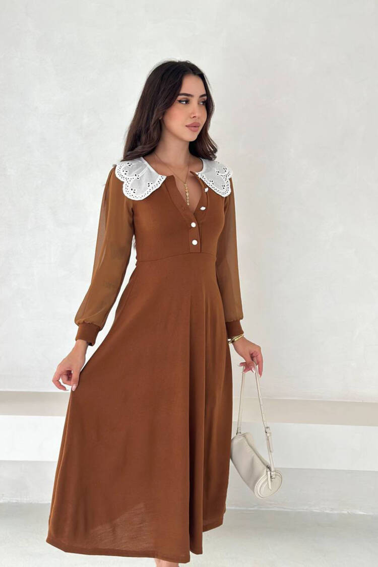 Brown Elegant A-Line Midi Dress With Long Sleeves