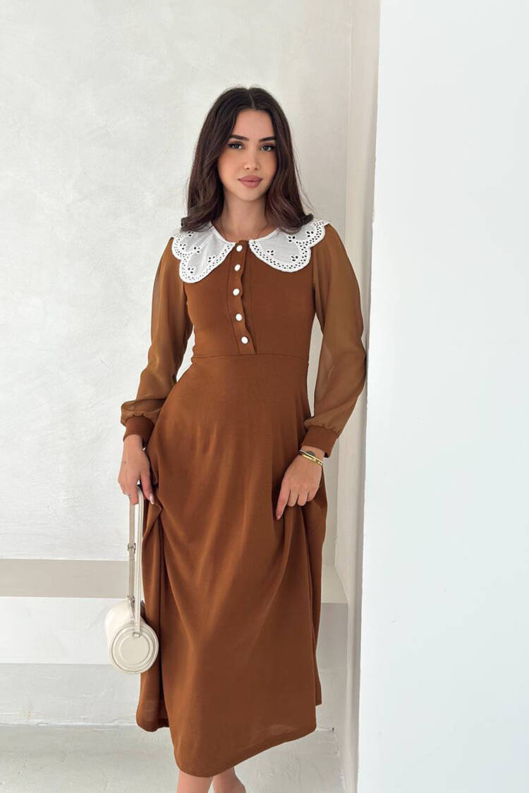Brown Elegant A-Line Midi Dress With Long Sleeves - Brand: Mode Roy - Women & Kids, Baby Clothes Wholesale - Globality Store