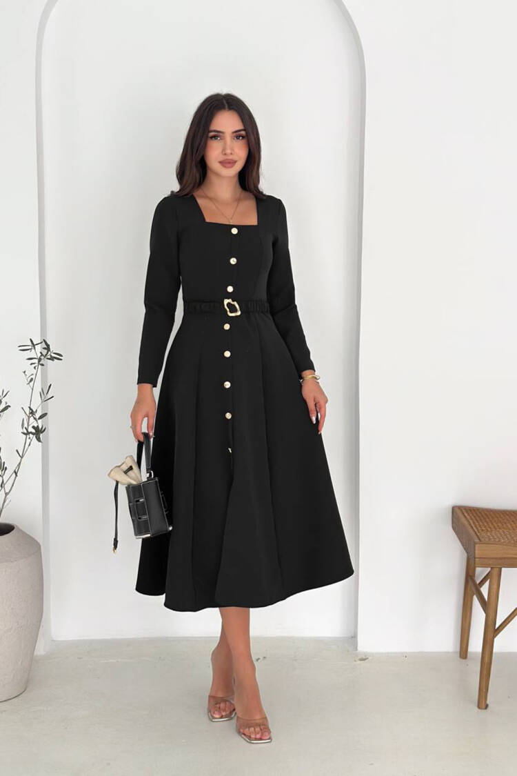 ElegantFit And Flare Dress With Square Neck