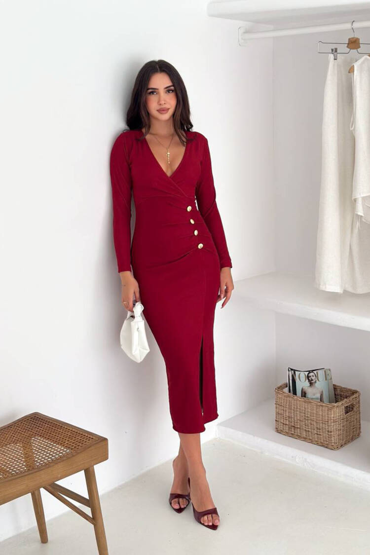 ClaretBodycon V-Neck Midi Dress - Brand: Mode Roy - Women & Kids, Baby Clothes Wholesale - Globality Store