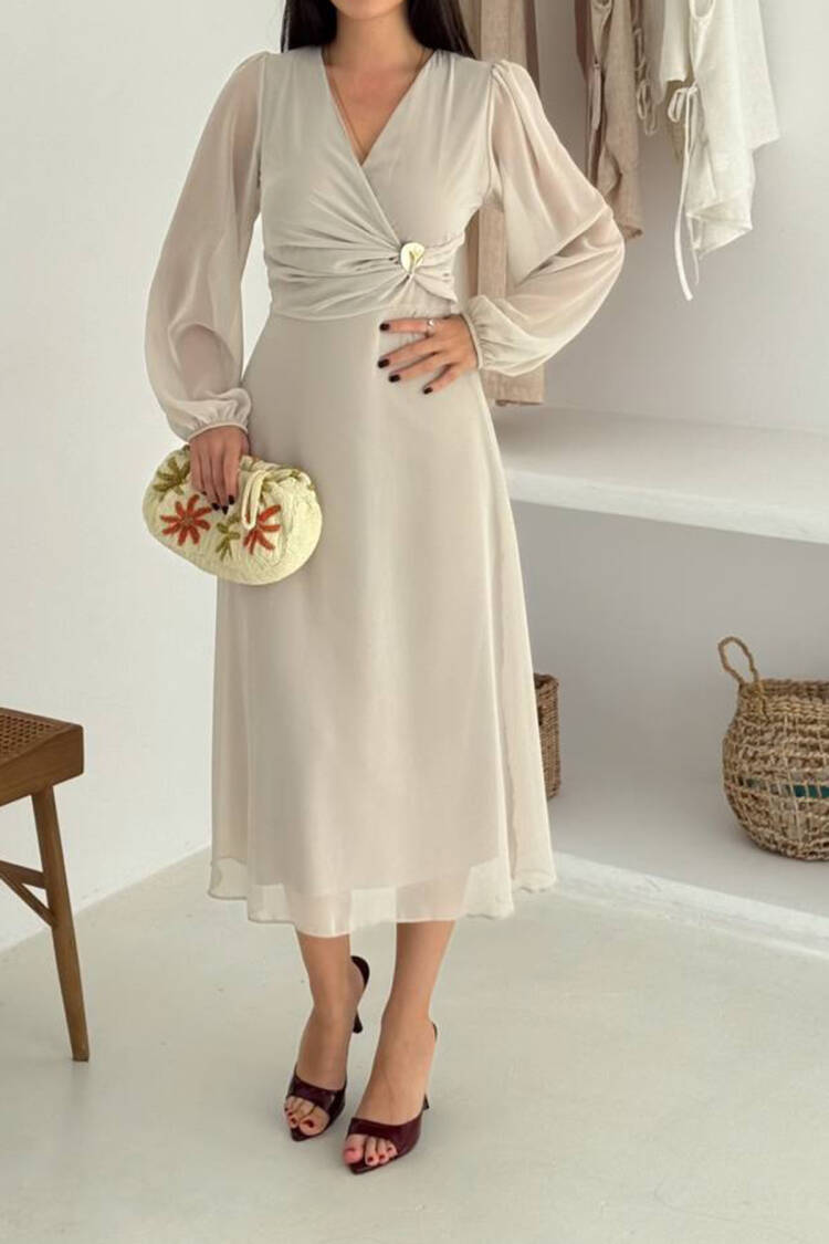 Elegant Wrap Dress With Long V-Neck Sleeves