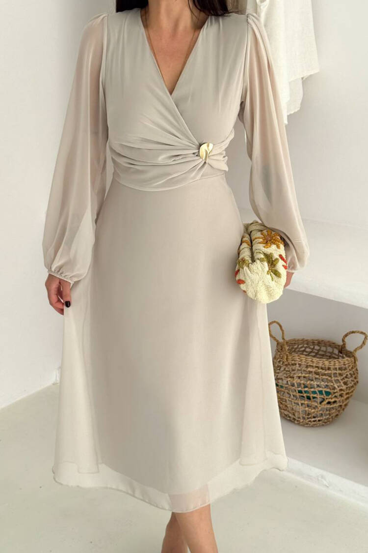 Elegant Wrap Dress With Long V-Neck Sleeves