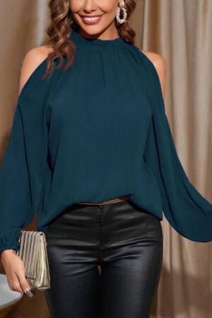 Navy Blue Elegant Blouse With High Neck And Long Sleeves - Brand: Janes - Women & Kids, Baby Clothes Wholesale - Globality Store
