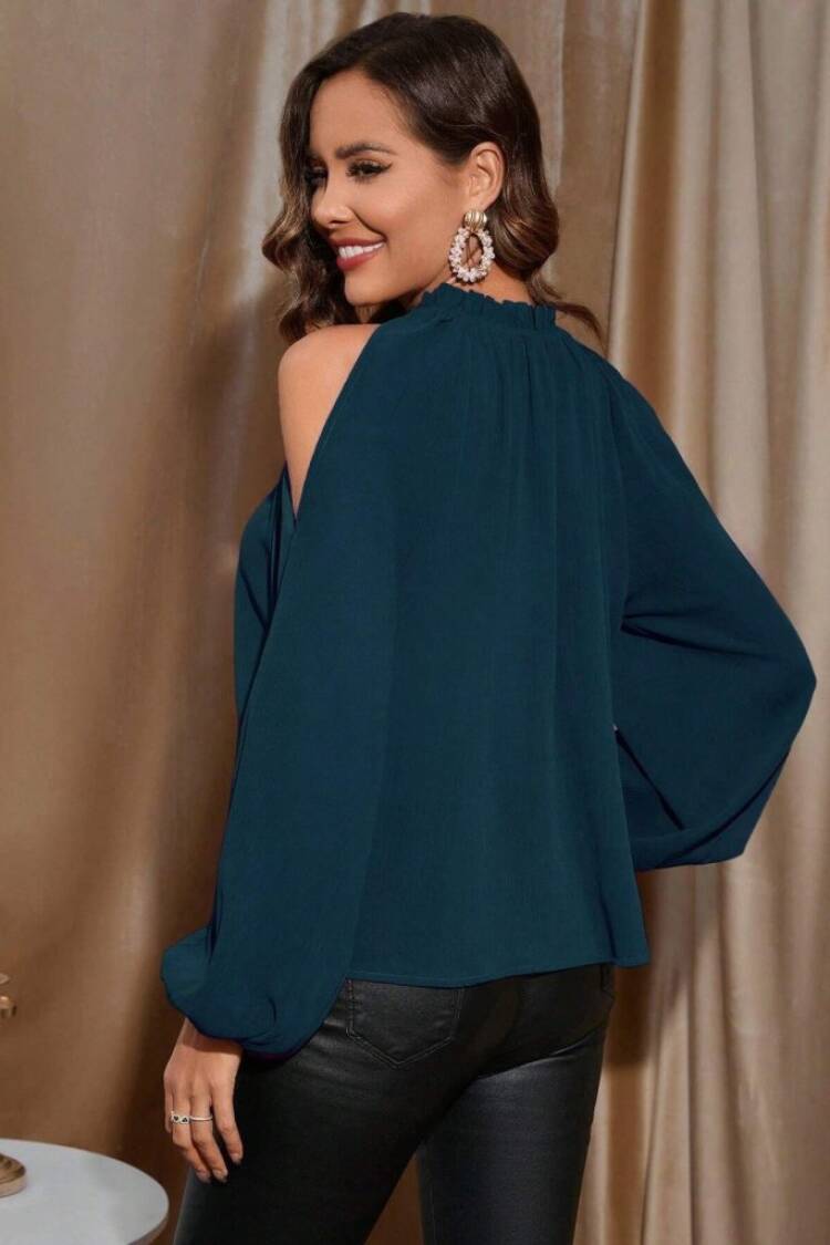 Navy Blue Elegant Blouse With High Neck And Long Sleeves