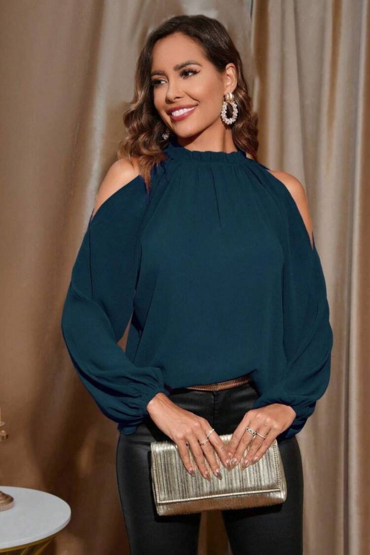 Navy Blue Elegant Blouse With High Neck And Long Sleeves