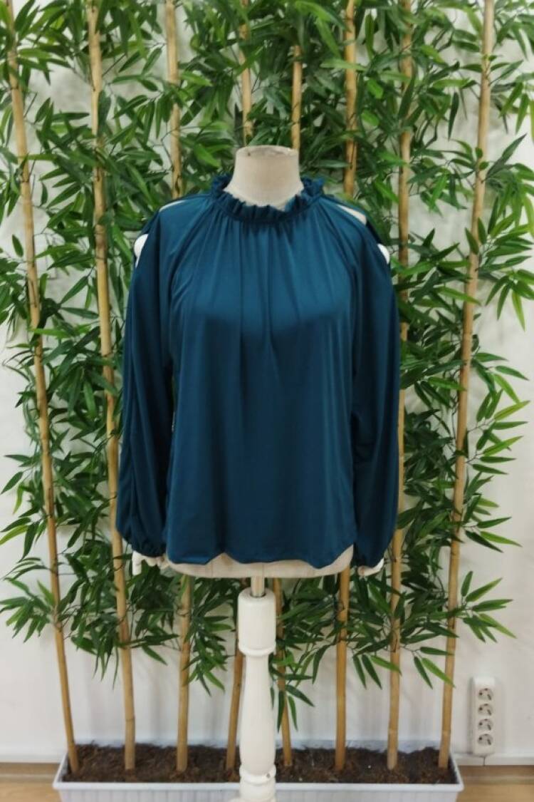 Navy Blue Elegant Blouse With High Neck And Long Sleeves