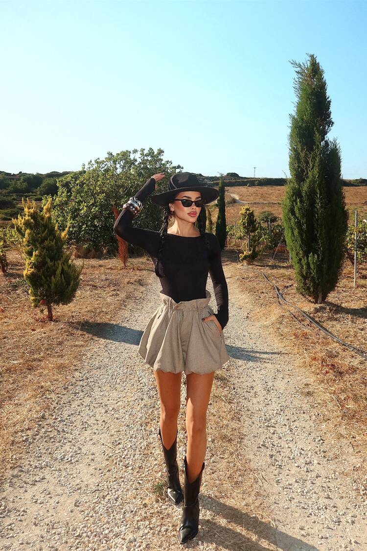 Beige Checkered Mini Paper Bag Skirt