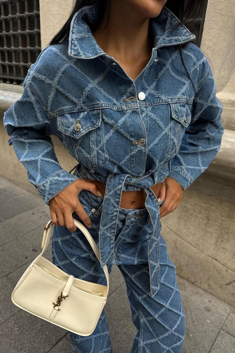 Blue Trucker Jacket With Checkered Pattern