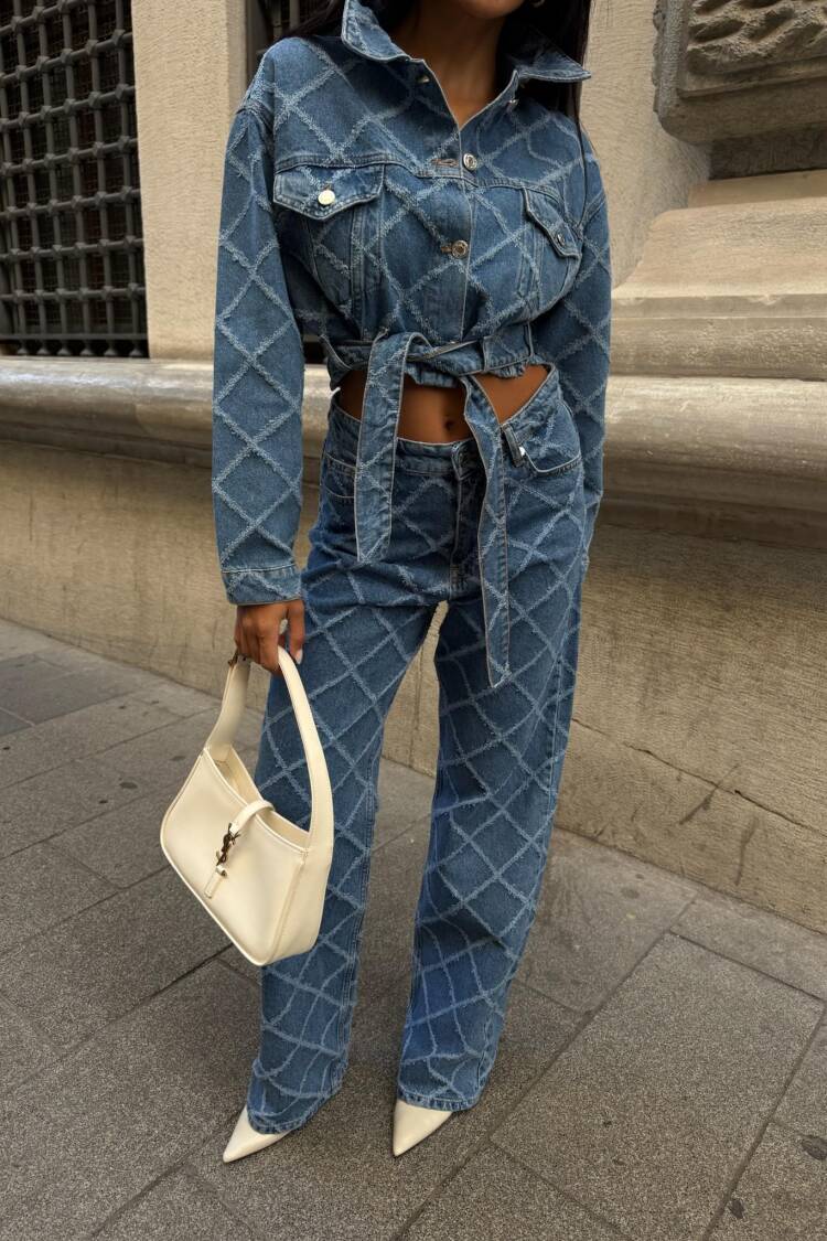 Blue Trucker Jacket With Checkered Pattern