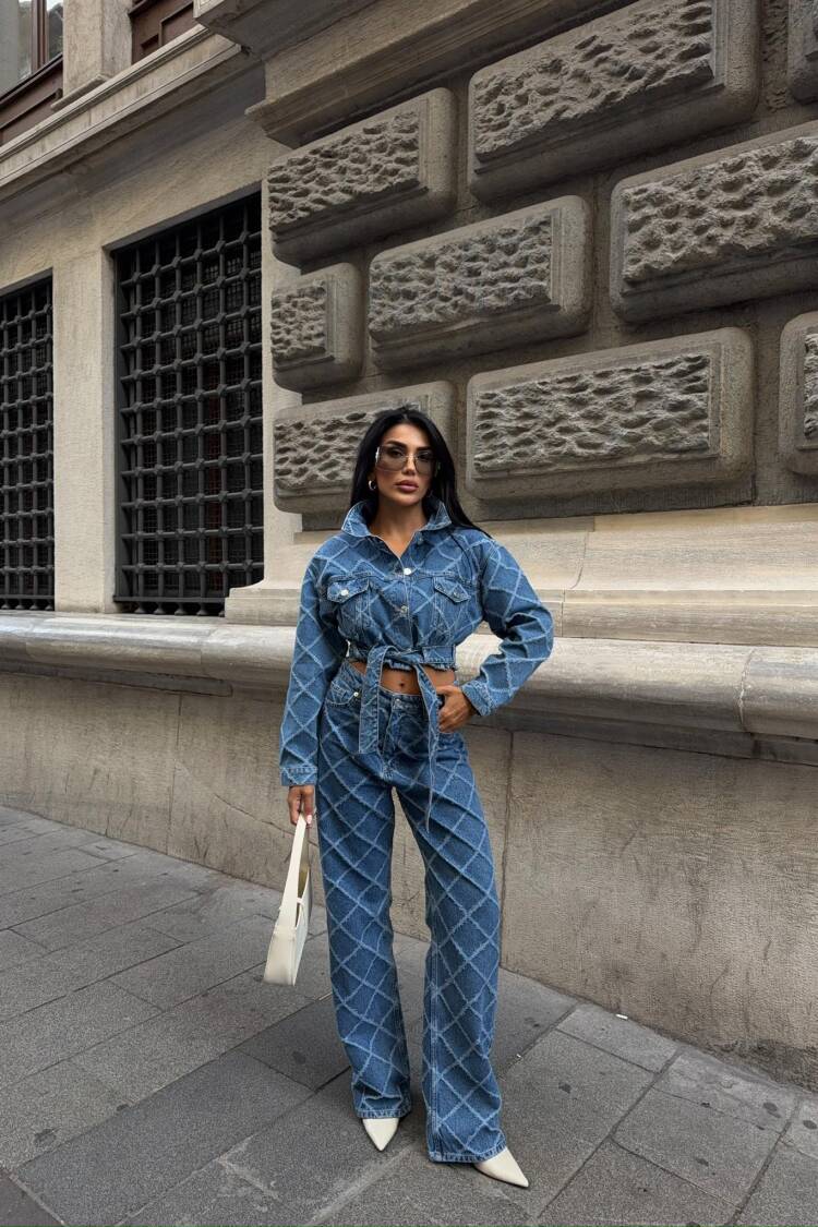 Blue Trucker Jacket With Checkered Pattern