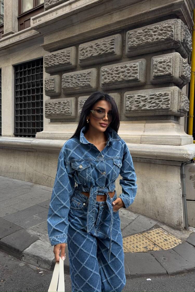 Blue Trucker Jacket With Checkered Pattern