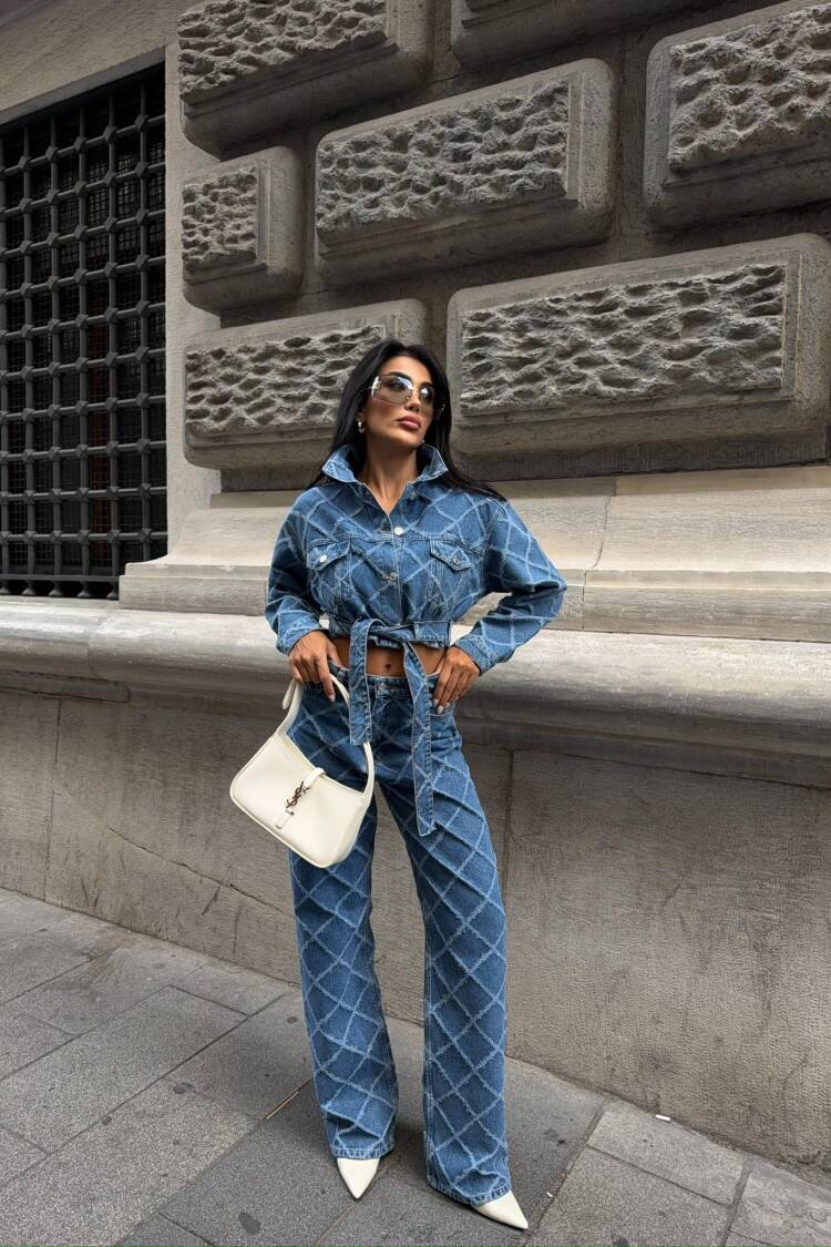 Blue Trucker Jacket With Checkered Pattern
