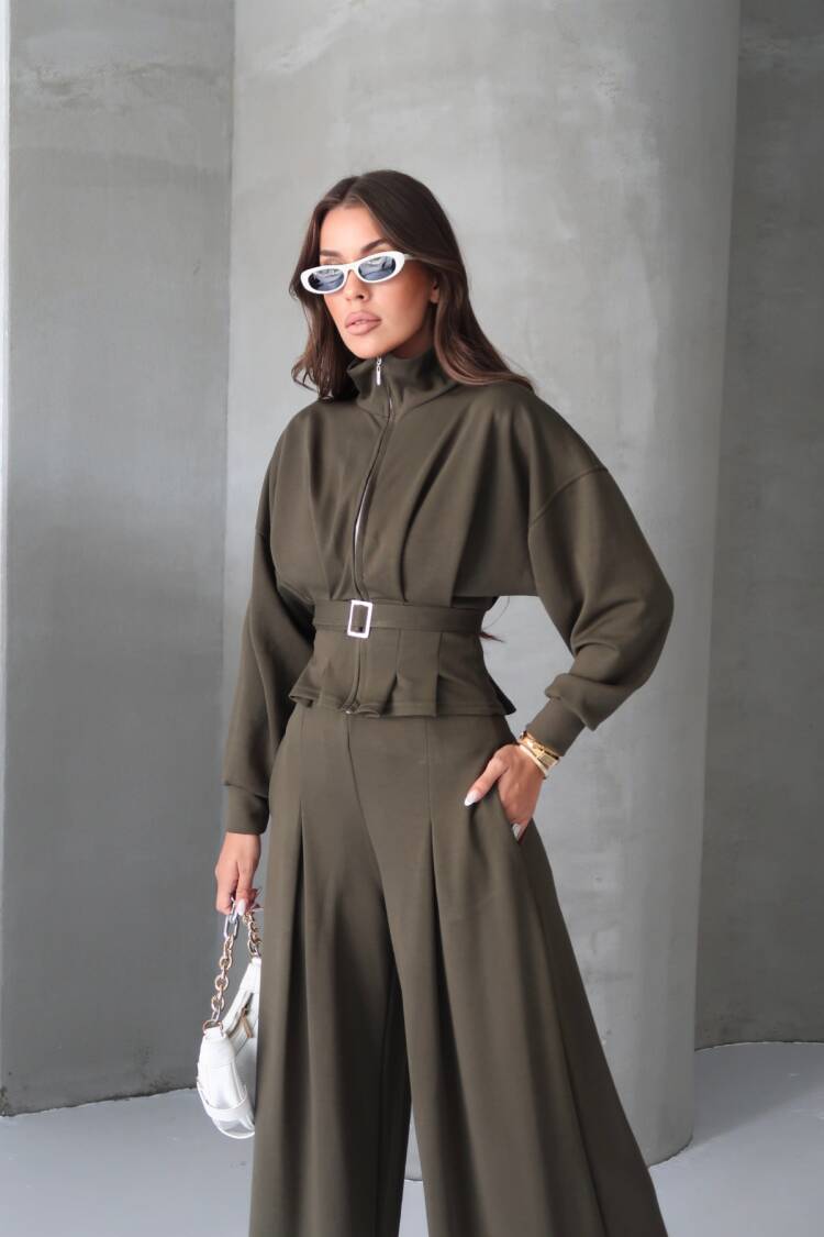 Khaki Elegant Casual Set With Palazzo Pants