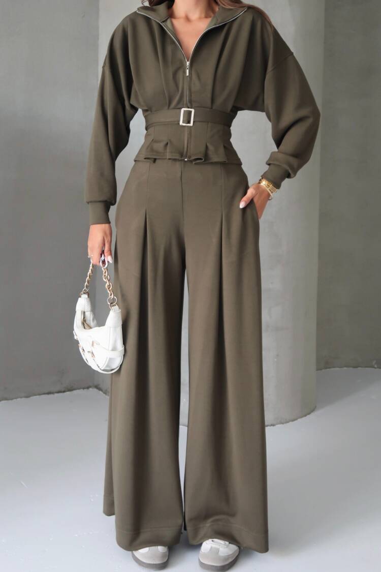 Khaki Elegant Casual Set With Palazzo Pants