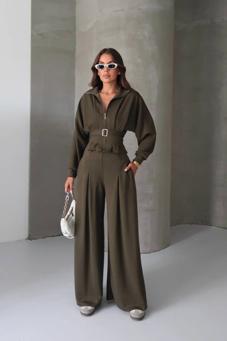 Khaki Elegant Casual Set With Palazzo Pants