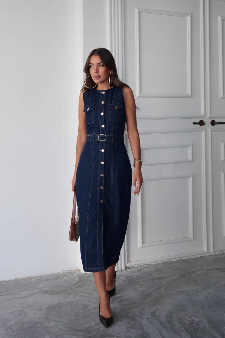Denim Front Buttoned Sleeveless Belted Dress