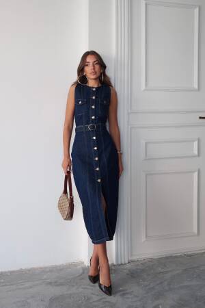 Denim Front Buttoned Sleeveless Belted Dress - Brand: Ello - Women & Kids, Baby Clothes Wholesale - Globality Store