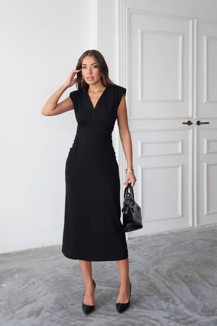 V Neck Sides Ruffle Detailed Scuba Dress
