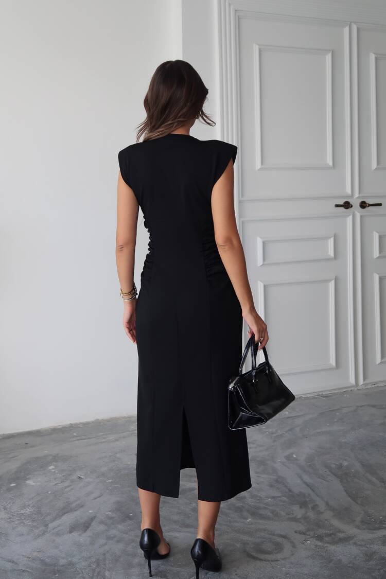V Neck Sides Ruffle Detailed Scuba Dress