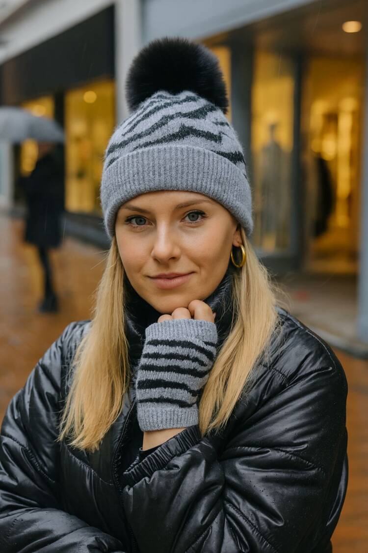 Soft Textured Zebra Pattern Cut Glove Beanie Double Set - Brand: Axesoire - Women & Kids, Baby Clothes Wholesale - Globality Store