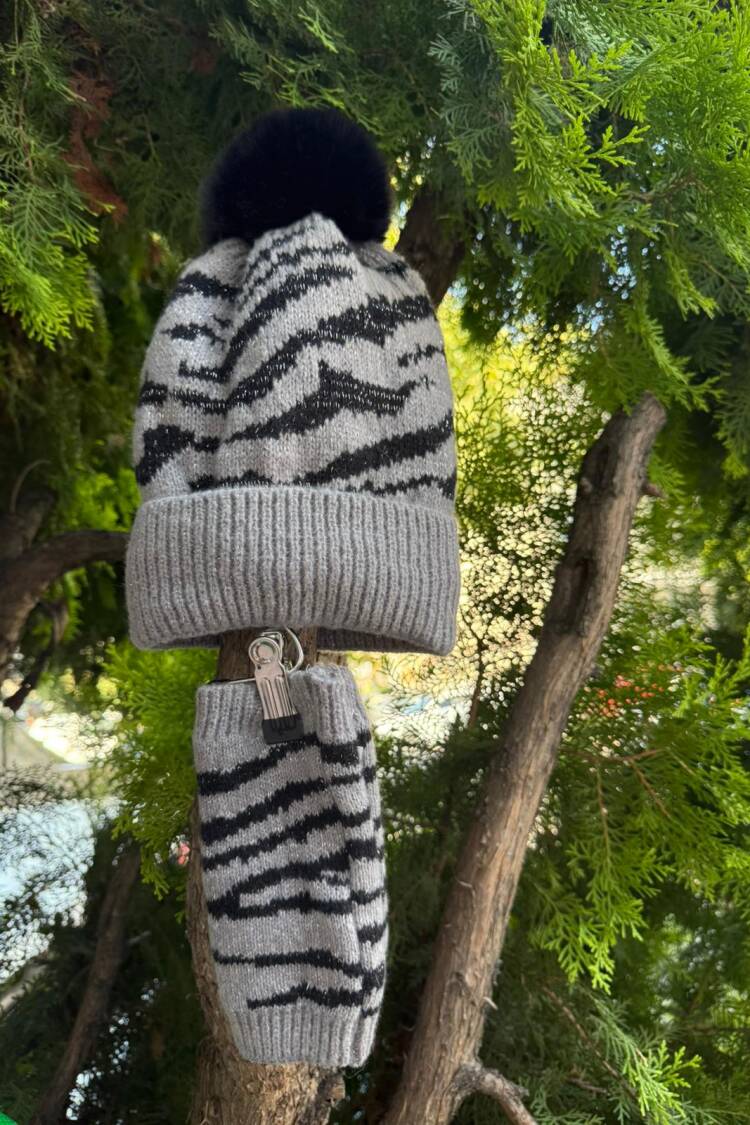 Soft Textured Zebra Pattern Cut Glove Beanie Double Set