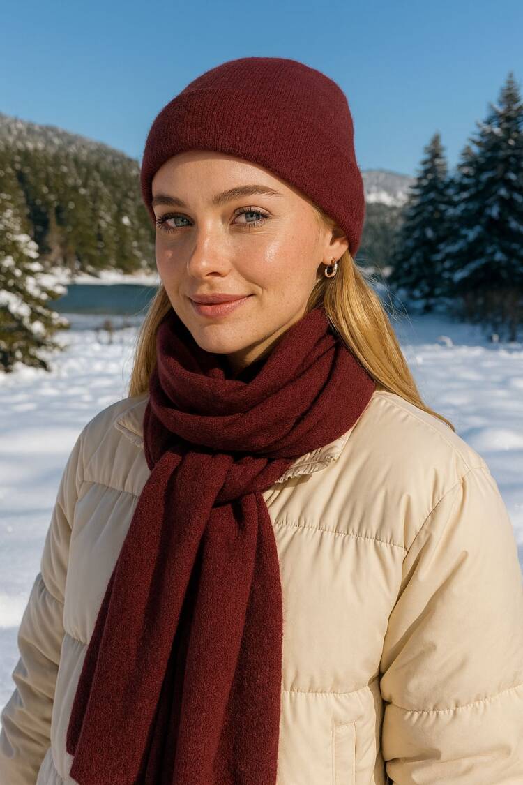 Soft Textured Scarf And Beanie Set - Burgundy - Brand: Axesoire - Women & Kids, Baby Clothes Wholesale - Globality Store