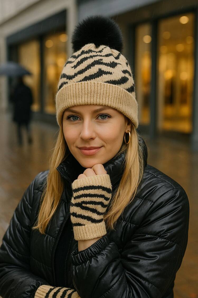 Soft Textured Zebra Pattern Cut Glove Beanie Double Set - Brand: Axesoire - Women & Kids, Baby Clothes Wholesale - Globality Store
