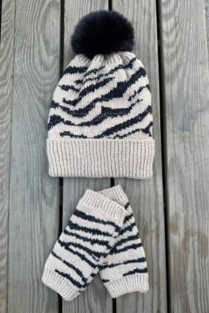 Soft Textured Zebra Pattern Cut Glove Beanie Double Set - Brand: Axesoire - Women & Kids, Baby Clothes Wholesale - Globality Store