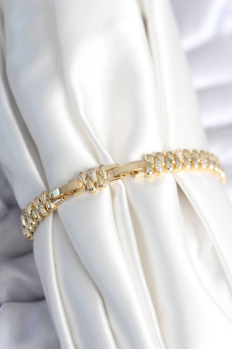 Brass Gold Color Drop Pattern Zircon Stone Women's Bracelet