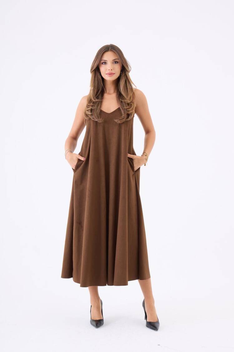 Brown Slip Midi Dress With V-Neck And Cap Sleeves - Brand: Fame - Women & Kids, Baby Clothes Wholesale - Globality Store