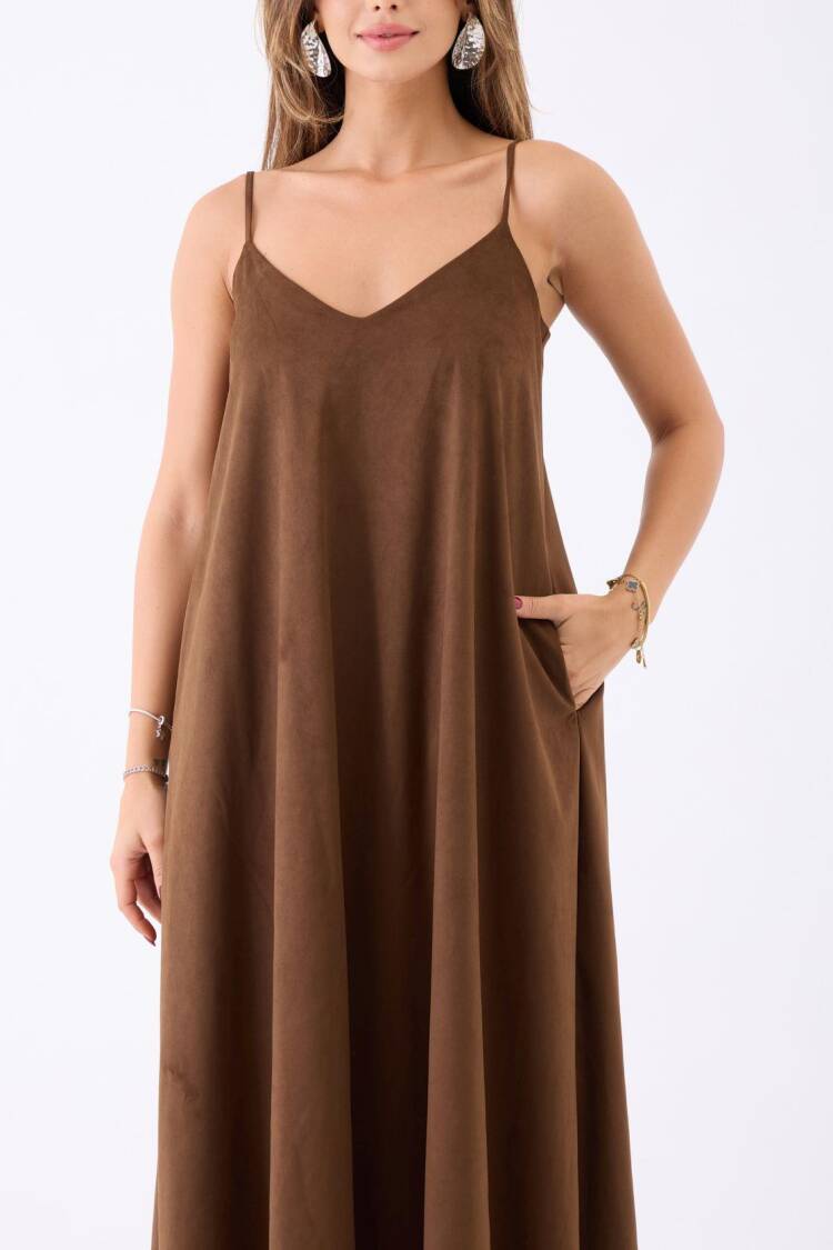 Brown Slip Midi Dress With V-Neck And Cap Sleeves