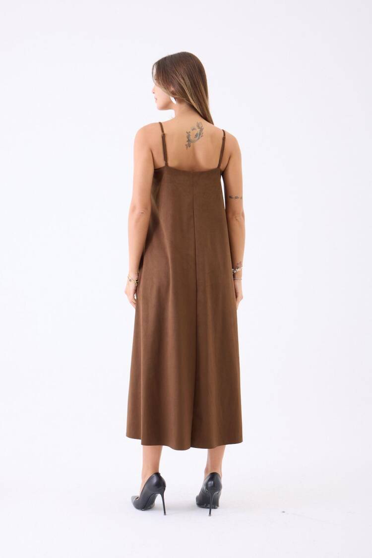 Brown Slip Midi Dress With V-Neck And Cap Sleeves