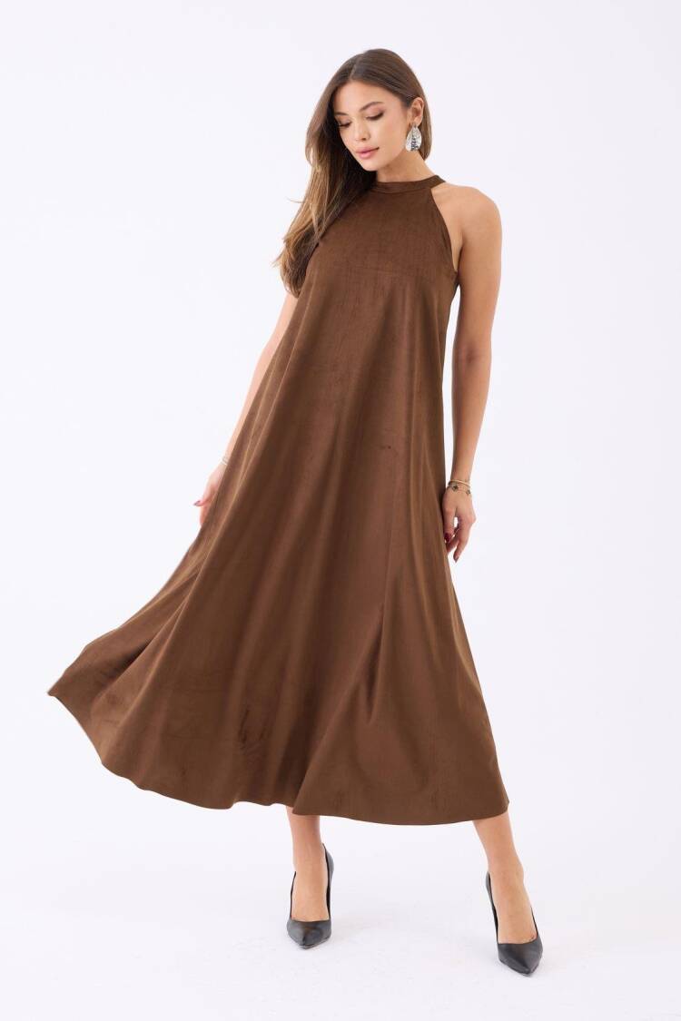 Brown A-Line Maxi Dress With High Neck & Cap Sleeves - Brand: Fame - Women & Kids, Baby Clothes Wholesale - Globality Store