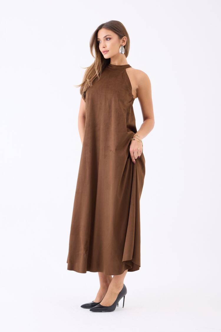 Brown A-Line Maxi Dress With High Neck & Cap Sleeves