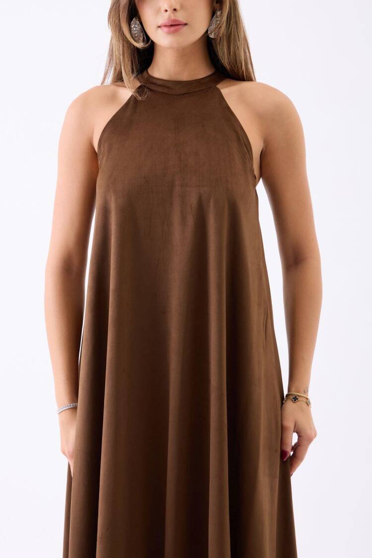 Brown A-Line Maxi Dress With High Neck & Cap Sleeves