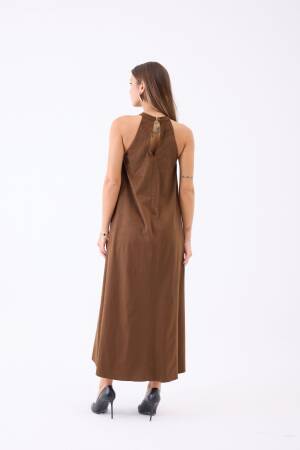 Brown A-Line Maxi Dress With High Neck & Cap Sleeves - Brand: Fame - Women & Kids, Baby Clothes Wholesale - Globality Store