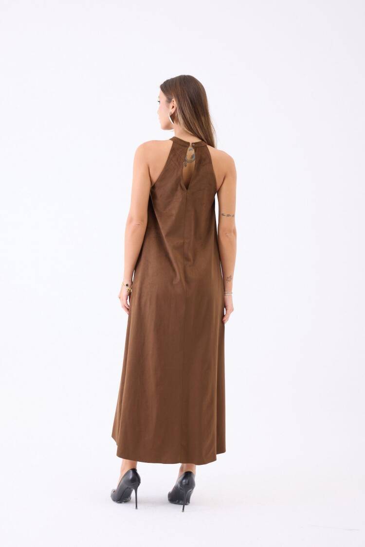 Brown A-Line Maxi Dress With High Neck & Cap Sleeves