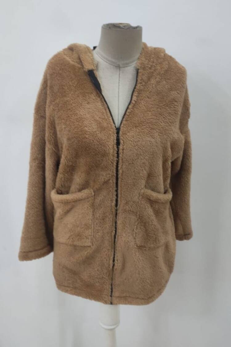 Brown Teddy Jacket With Hooded Collar And Zip Up