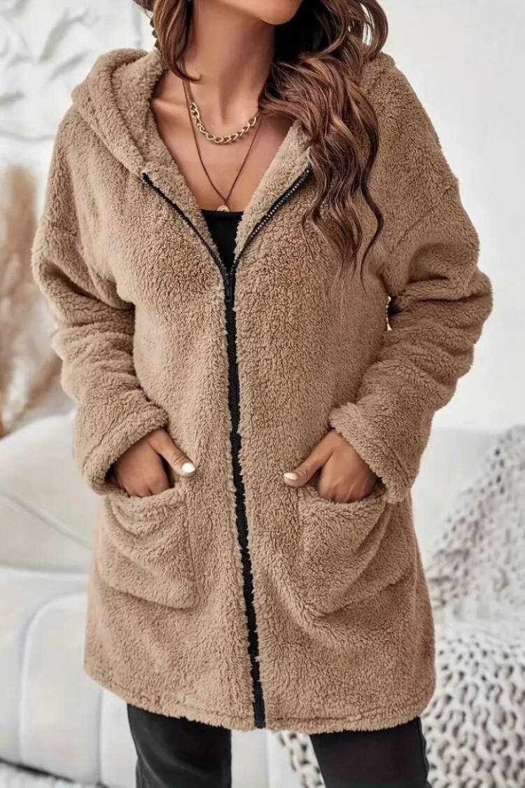 Brown Teddy Jacket With Hooded Collar And Zip Up