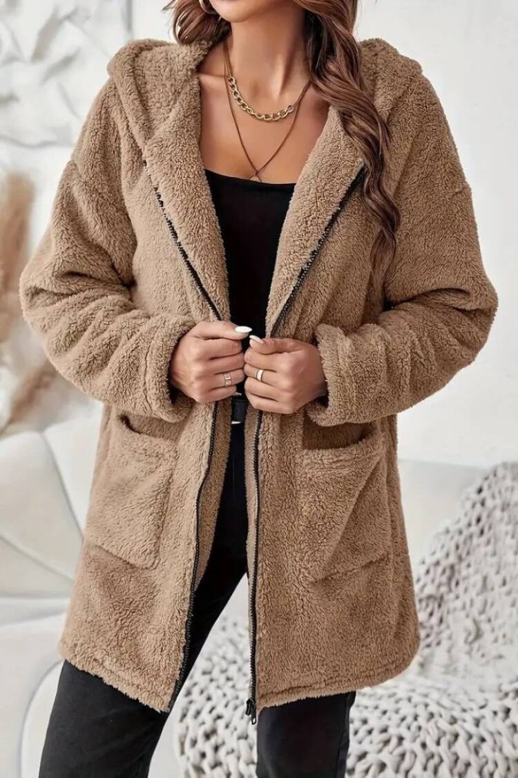 Brown Teddy Jacket With Hooded Collar And Zip Up