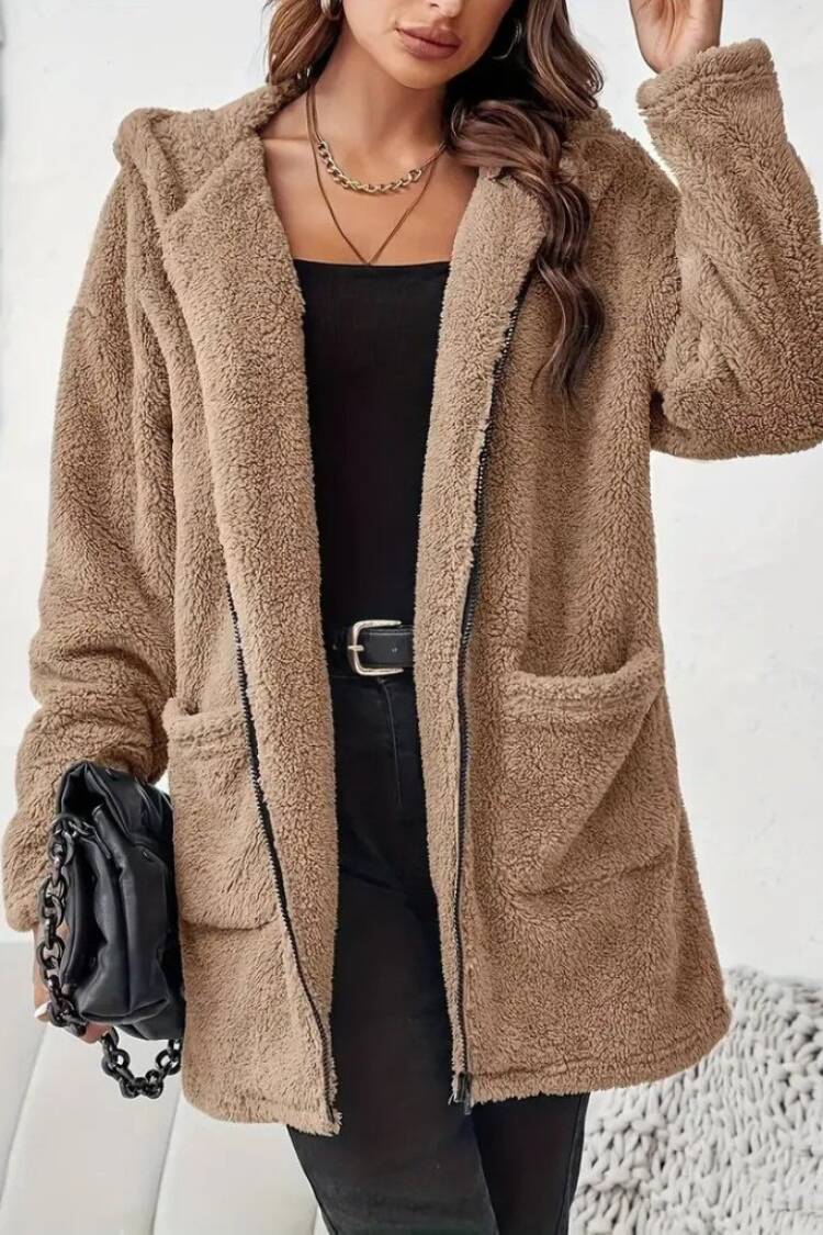 Brown Teddy Jacket With Hooded Collar And Zip Up