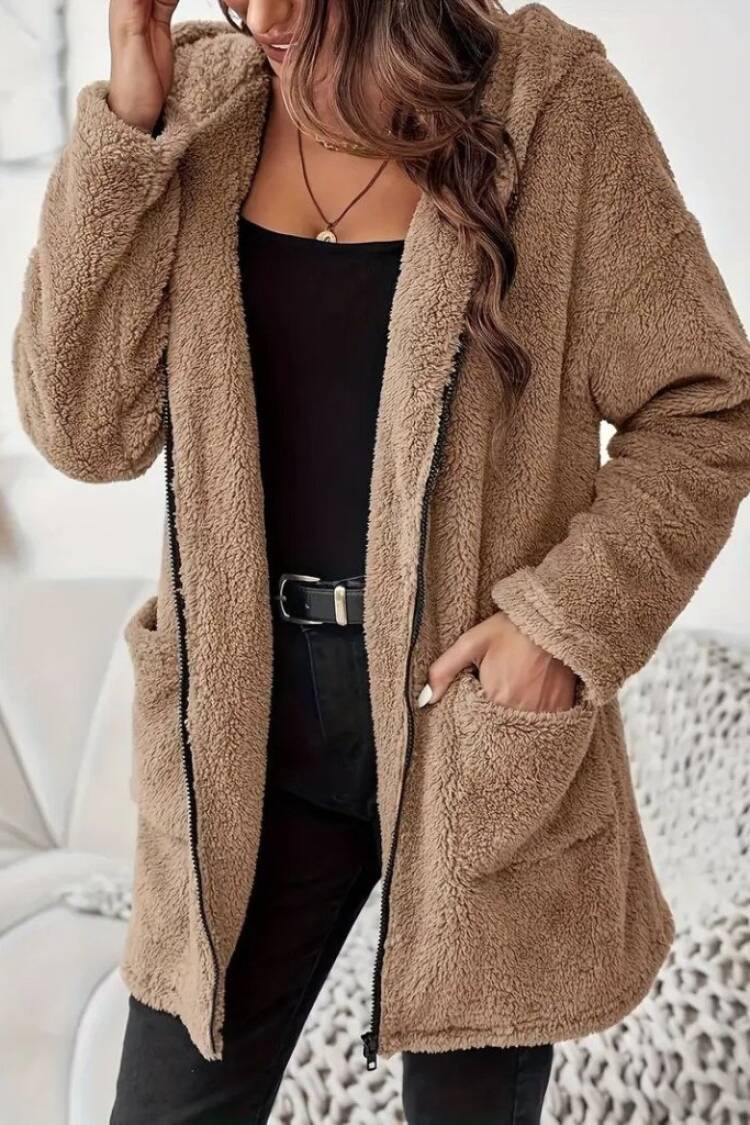 Brown Teddy Jacket With Hooded Collar And Zip Up - Brand: Janes - Women & Kids, Baby Clothes Wholesale - Globality Store