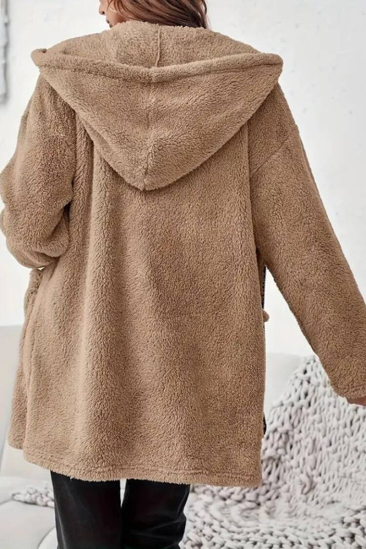 Brown Teddy Jacket With Hooded Collar And Zip Up